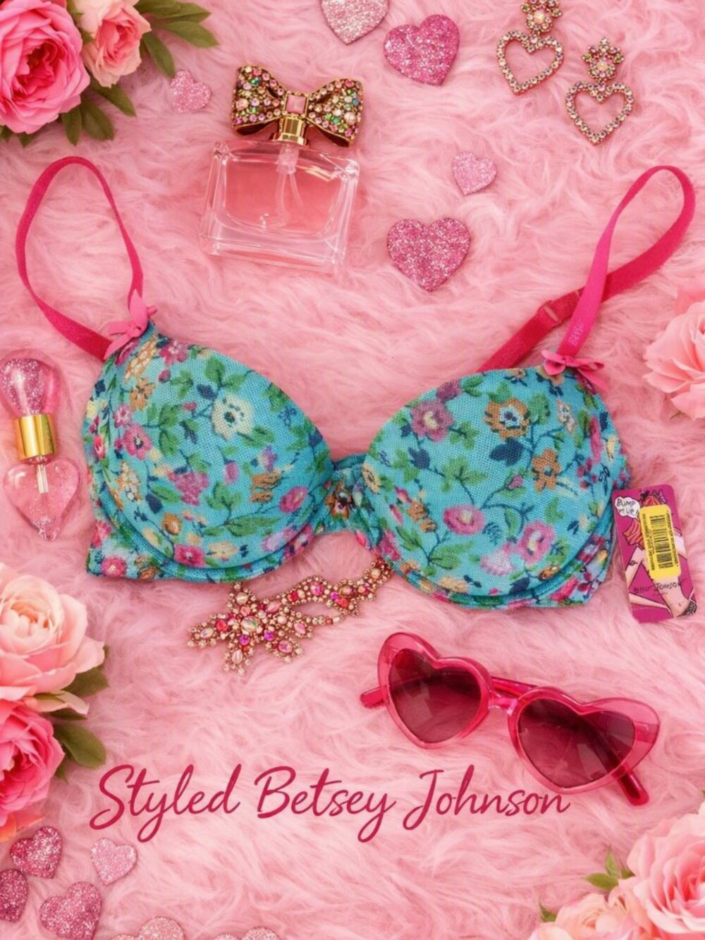Betsey Johnson Bump M’Up Push-Up Bra, Teal, Floral Mesh Overlay, NWT, Size 34A